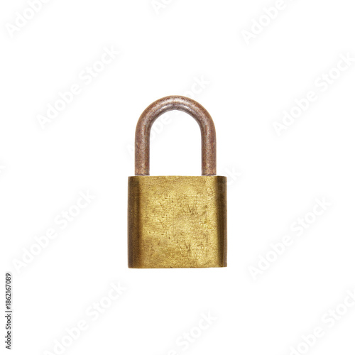 Antique Brass Padlock with Rusty Shackle - Isolated