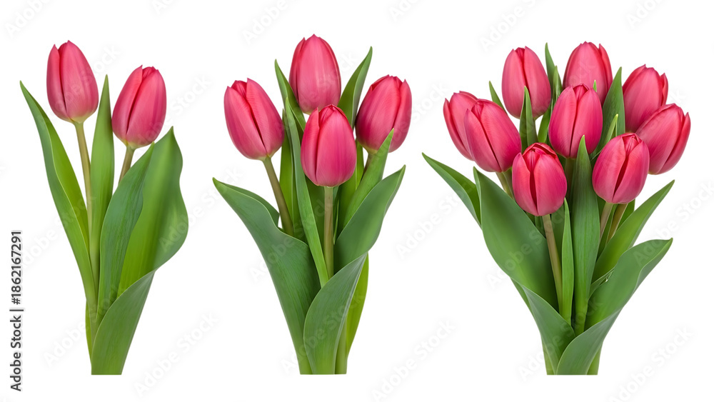 Fototapeta premium Three bunches of pink tulips isolated on transparent background
