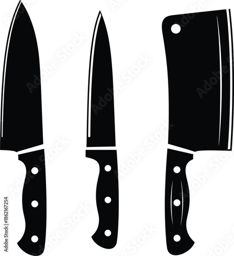 Black vector silhouette icon set of professional kitchen knives featuring a chef knife paring knife and meat cleaver.