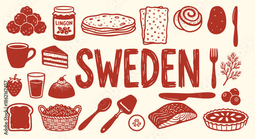 Sweden Icon Set. Swedish Food. A hand drawn vector collection of meatballs, fish, cinnamon buns, coffee and berries for a Scandinavian travel guide, restaurant menu, and tourism.