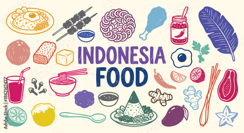 Indonesia Icon Set. Indonesian Food. A hand drawn vector collection of nasi goreng, satay, tempeh, sambal and tropical fruits for an Asian travel guide, restaurant menu, and cultural art.