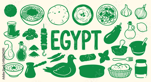 Egypt Icon Set. Egyptian Food. A hand drawn vector collection of falafel, hummus, kebab, tea and dates for a Middle Eastern travel guide, restaurant menu, and cultural brochure.
