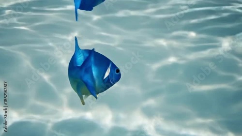 Vibrant blue fish swims gracefully through clear, sunlit ocean water.