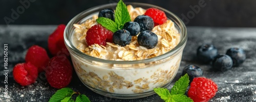A vibrant bowl of oatmeal topped with fresh berries and mint, showcasing a healthy and delicious breakfast option.