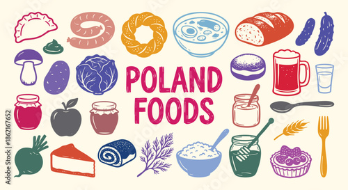 Poland Icon Set. Polish Food. A colorful vector collection of pierogi, sausage, bread, soup and vegetables for an Eastern European travel guide, restaurant menu, and cultural illustration.