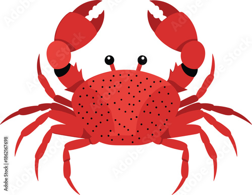 Colorful vector illustration of a red crab with large claws and black spotted shell isolated on white.
