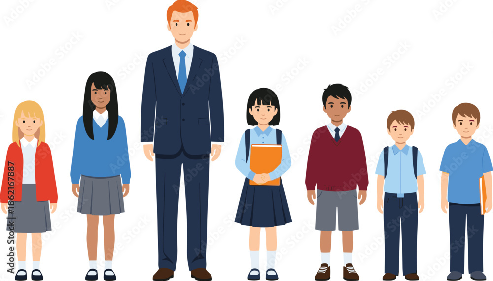 Obraz premium Colorful vector illustration of diverse students and a male teacher wearing school uniforms and business attire on white.