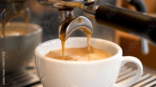 Espresso machine brewing coffee into a white mug close up