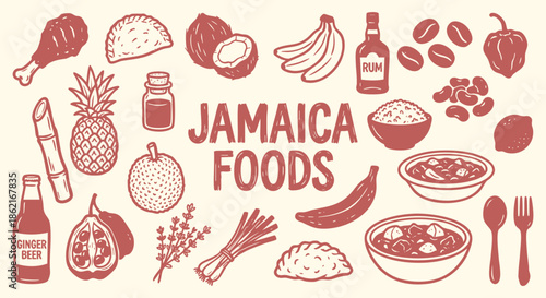 Jamaica Icon Set. Jamaican Food. A hand drawn vector collection of jerk chicken, rum, coffee, tropical fruits and patties for a Caribbean travel guide, restaurant menu, and island culture.