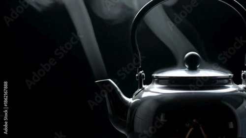 Steaming teapot on a dark background, creating a cozy and warm atmosphere.