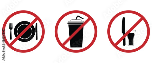 Web"No Food & Drink Vector Icon Set: Prohibited Sign for Fast Food, Soda, Pizza, Burger, Fries"