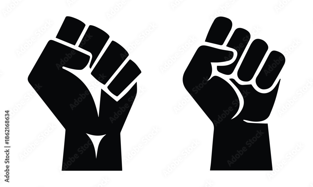 Obraz premium Vector illustration of the iconic protester raised fist isolated on white background. Powerful black fist raised upward in a symbol of strength unity and resistance silhouette. vector illustration eps