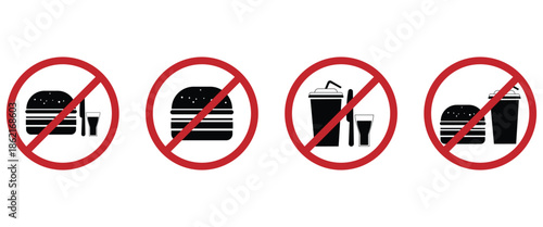 Web"No Food & Drink Vector Icon Set: Prohibited Sign for Fast Food, Soda, Pizza, Burger, Fries"