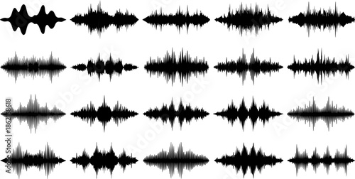 Audio waveform vector set, black sound wave shapes for music, voice recording, podcast, sound editing, digital audio visualization illustration