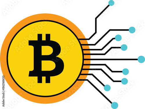 Flat vector illustration of a gold bitcoin coin with digital circuit lines representing cryptocurrency technology and blockchain finance.