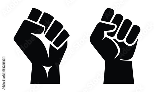 Vector illustration of the iconic protester raised fist isolated on white background. Powerful black fist raised upward in a symbol of strength unity and resistance silhouette. vector illustration eps