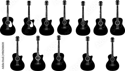 Acoustic guitar icon set vector illustration, musical instrument silhouettes collection, classic folk guitars shapes, black and white music design, minimal style