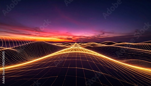 Abstract Landscape with Glowing Lines and Sunset Sky.