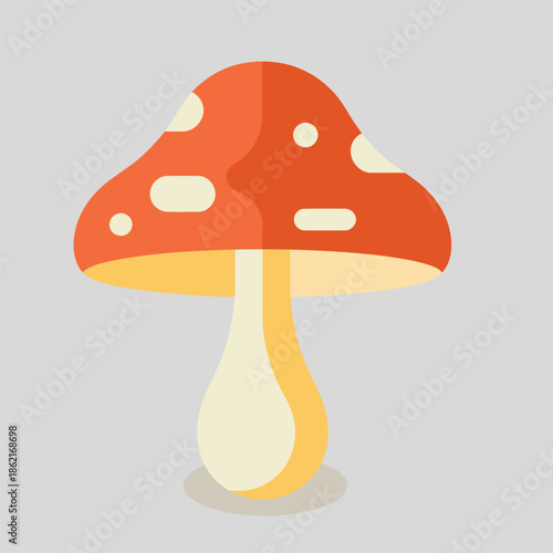 A vibrant digitally illustrated mushroom with a red cap and white spots stands out