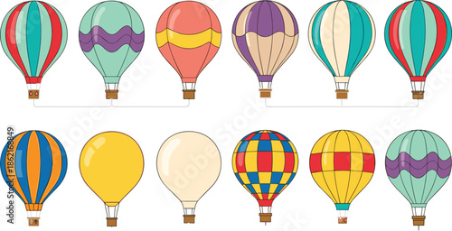 Large vector set of colorful hot air balloons with various patterns and stripes isolated on a white background.