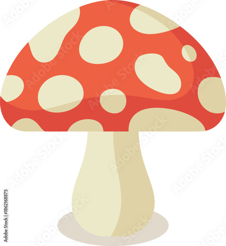 A vibrant illustration of a classic red and white spotted toadstool mushroom stands prominently