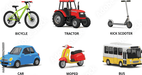 Large vector set of colorful transportation icons including bicycle tractor kick scooter car moped and bus for educational design.