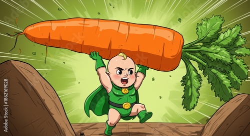 Super Baby Lifting Giant Carrot A Fun Illustration