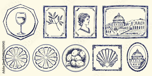 A collection of hand drawn frames with images of food architecture and portraits