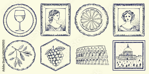Vintage sketches depicting wine glasses portraits fruits and iconic landmarks