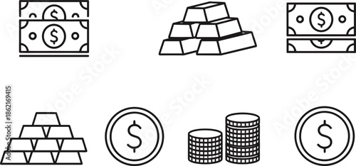 Outline vector icon set featuring dollar bills stacks of gold bars and piles of silver or gold coins.