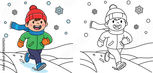 Cheerful Cartoon Boy Running in Winter Snow with Scarf and Hat - Coloring Page Included