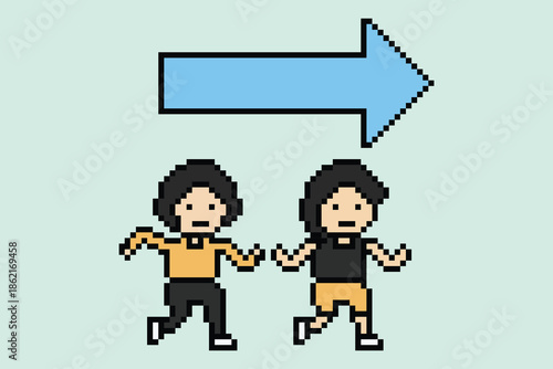 Cartoon 8 bit cute group people run or running marathon jogging race together with lifestyle background pixel art design.