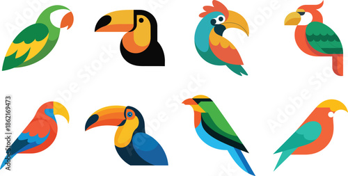 A vibrant collection of colorful tropical birds depicted in a flat modern geometric style