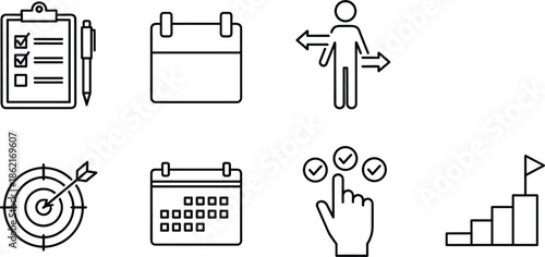 Outline vector icon set for office productivity featuring a clipboard calendar target goal-setting and business decision making.
