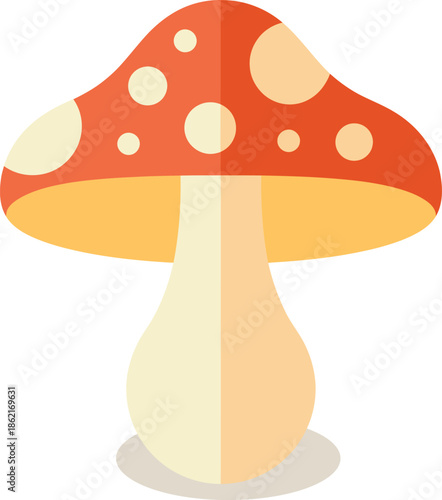 A vibrant illustration of a classic red and white spotted mushroom with a pale stem