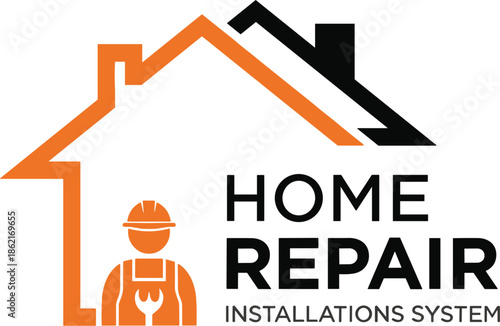Professional home repair and installation system logo featuring house silhouette and maintenance worker icon in orange and black colors.