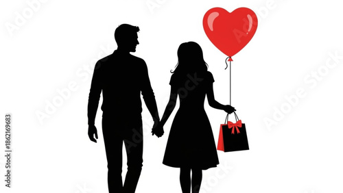 Couple Walking Hand in Hand with Heart Balloon and Shopping Bag