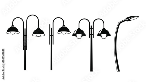 Modern street lamp silhouettes set, minimalist outdoor lighting poles, urban road lights, black vector illustration collection isolated white background design