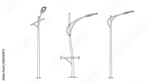 Modern street light line art illustration, minimalist LED lamp post designs, urban outdoor lighting infrastructure isolated on white background vector