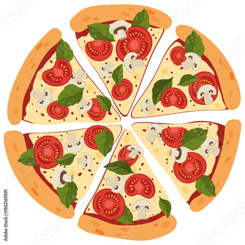 Flat vector illustration of pizza slices arranged in a circular shape in top view with tomatoes, mushrooms, basil leaves and melted cheese. Suitable for restaurant menus, pizzeria branding