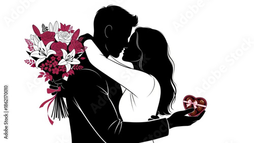 Couple Sharing a Romantic Kiss with Bouquet and Heart-Shaped Gift Illustration