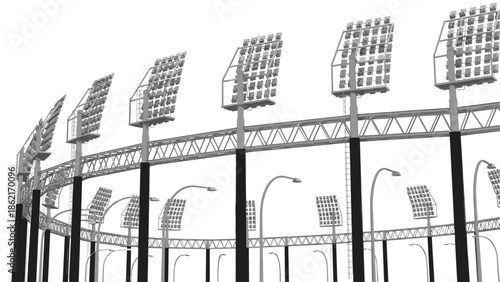 Stadium floodlight structure illustration, sports arena lighting towers, industrial steel framework, large outdoor illumination system isolated on white background