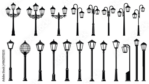Street lamp silhouettes collection, modern and vintage lantern lamp posts, decorative outdoor lighting set, black vector illustration isolated white background