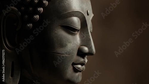 Close up of serene buddha statue with detailed textures soft lighting and a neutral muted color palette against a textured background