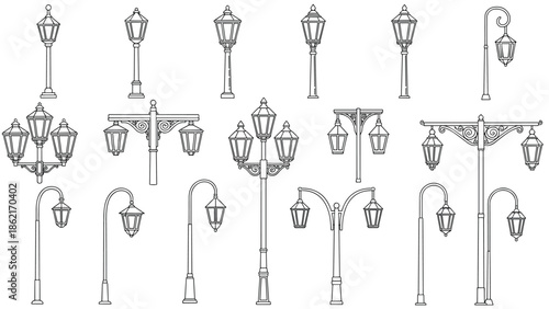 Vintage street lamp line art set, classic lantern posts, decorative outdoor lighting collection, architectural vector illustration isolated white background design