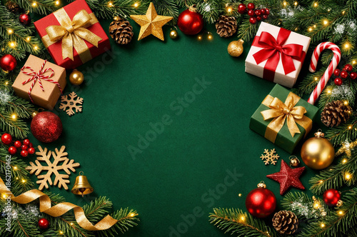 Festive Christmas and New Year scene with wrapped gifts, ornaments, pine branches, and a rich green backdrop ideal for holiday cards, promotions, and seasonal banners
