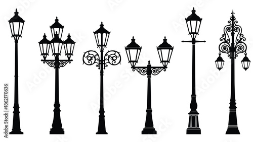 Vintage street lamp silhouettes set, ornate classic lantern lamp posts, decorative outdoor lighting, black vector illustration collection isolated white background