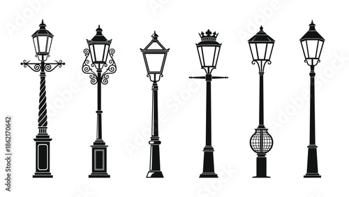 Vintage street lamp silhouettes, classic ornamental lantern poles, decorative outdoor lighting designs, urban streetlight collection isolated on white background vector