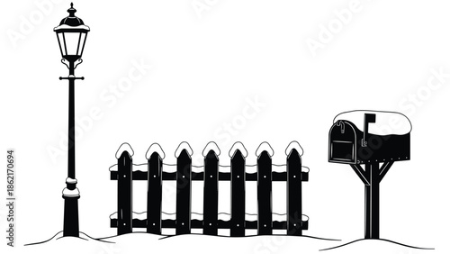 Vintage street lamp with mailbox and wooden fence, winter rural scene silhouette, outdoor suburban elements, black vector illustration isolated white