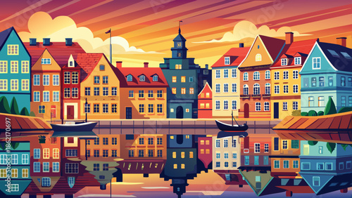 Very beautiful picturesque golden hour scene of colorful historic houses reflecting in calm water on a Copenhagen street, Denmark, creating a warm and romantic Scandinavian city atmosphere.